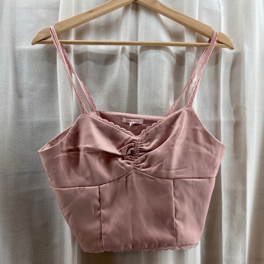 LOTTIE MOSS Women Light Pink Lace Trim Ruched Crop Cami Top Med Romantic Ruffle